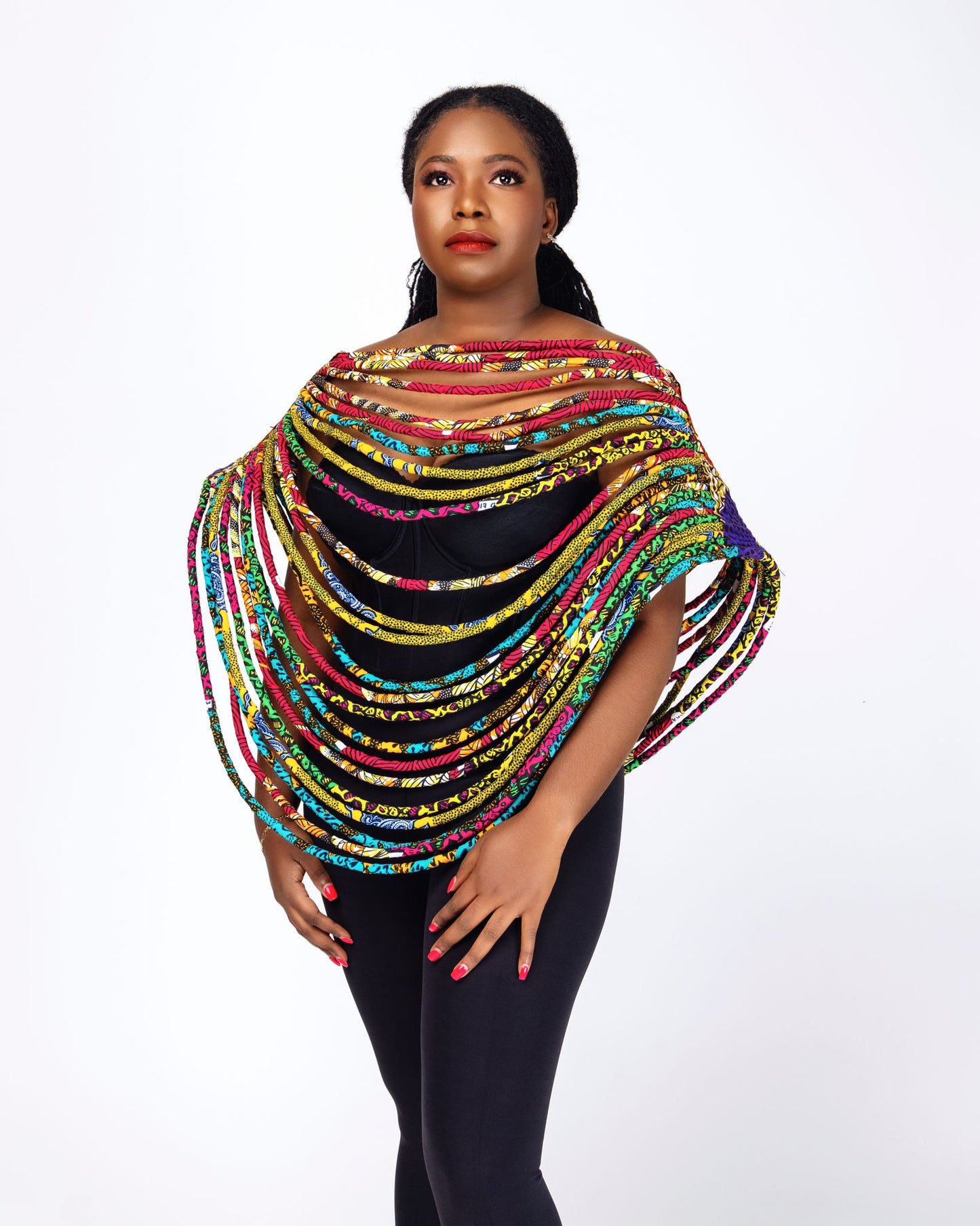 Ankara Fabric Strands Cord Cape Necklace-Red