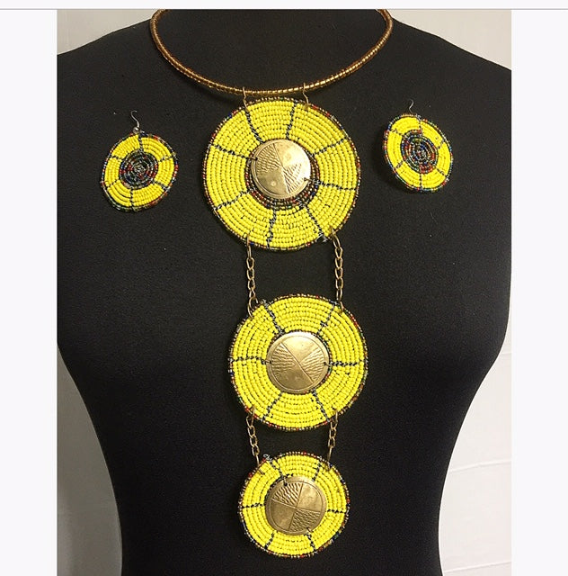 Flat Trio Bronze Bead Necklace With Earrings