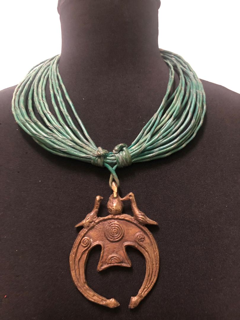 Leather Strands Bronze Carving Necklace