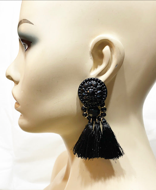 Black and Bead Fringe Earrings