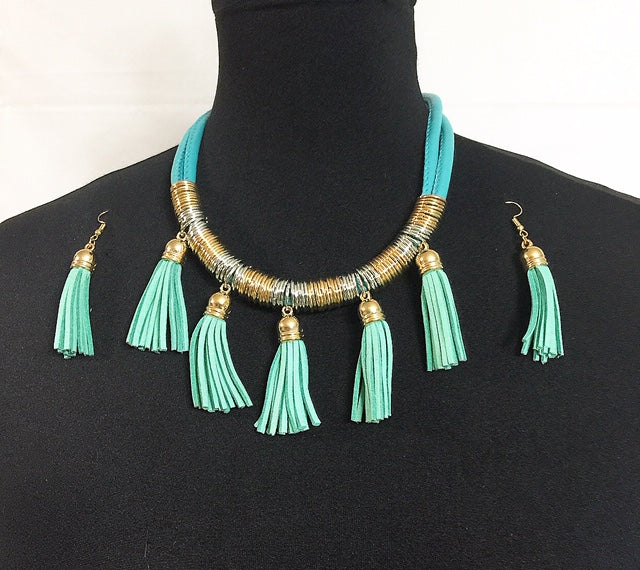 Tega Leather Costume Necklace And Earrings
