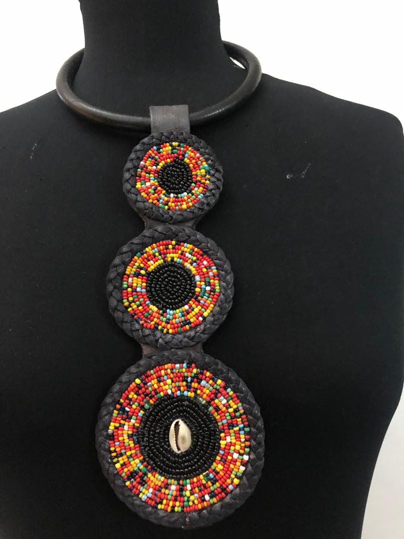 Leather Three-Circles Bead Necklace