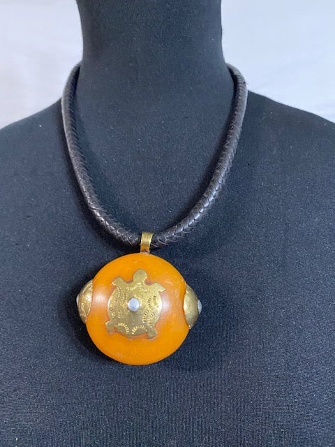 Amber Bead Leather Pendant Necklace