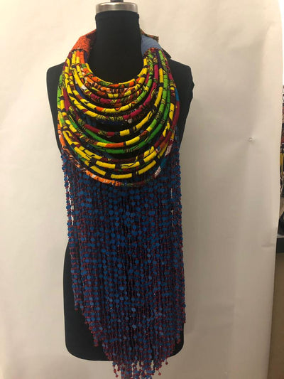 African Prints And Beads Blue Necklace