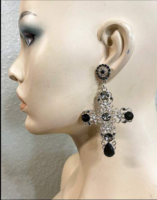 Silver Black Stone Cross Earrings