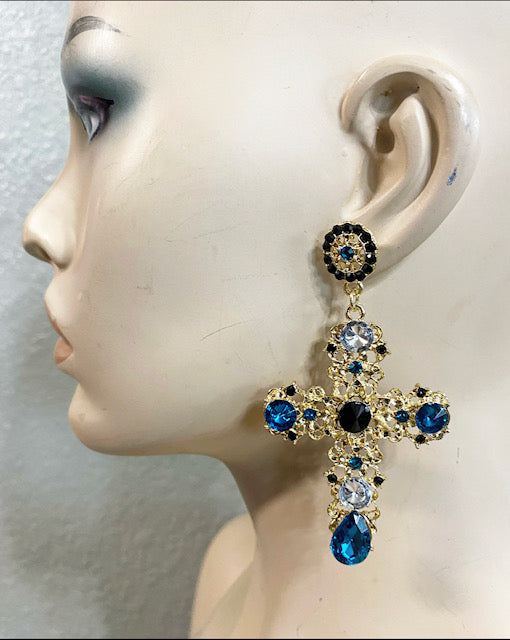 Gold Blue Stone Cross Earrings