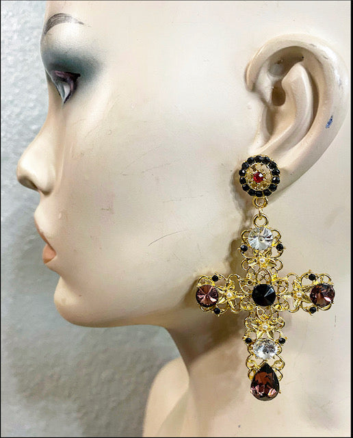 Gold Peach Stone Cross Earrings