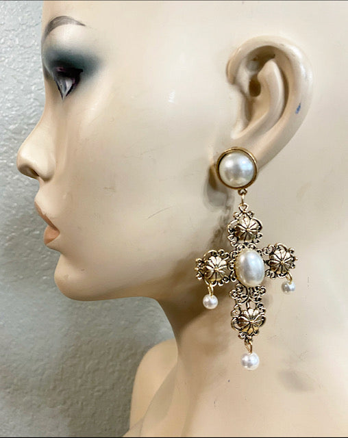 Gold Pearl Stone Cross Earrings