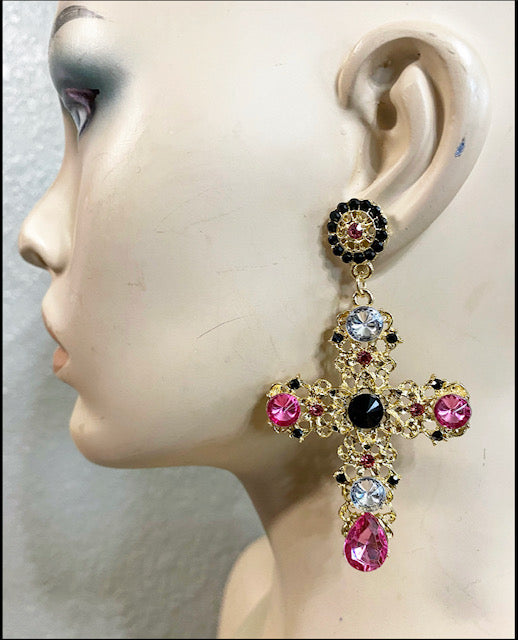 Gold Pink Stone Cross Earrings