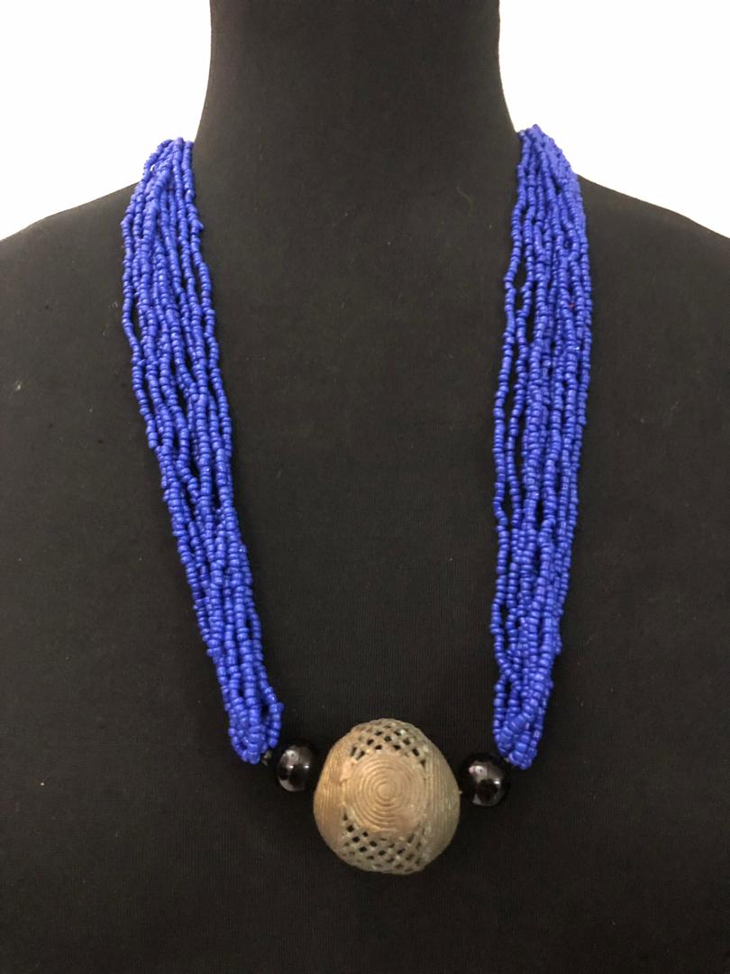 Blue Seed Bead Ball Necklace
