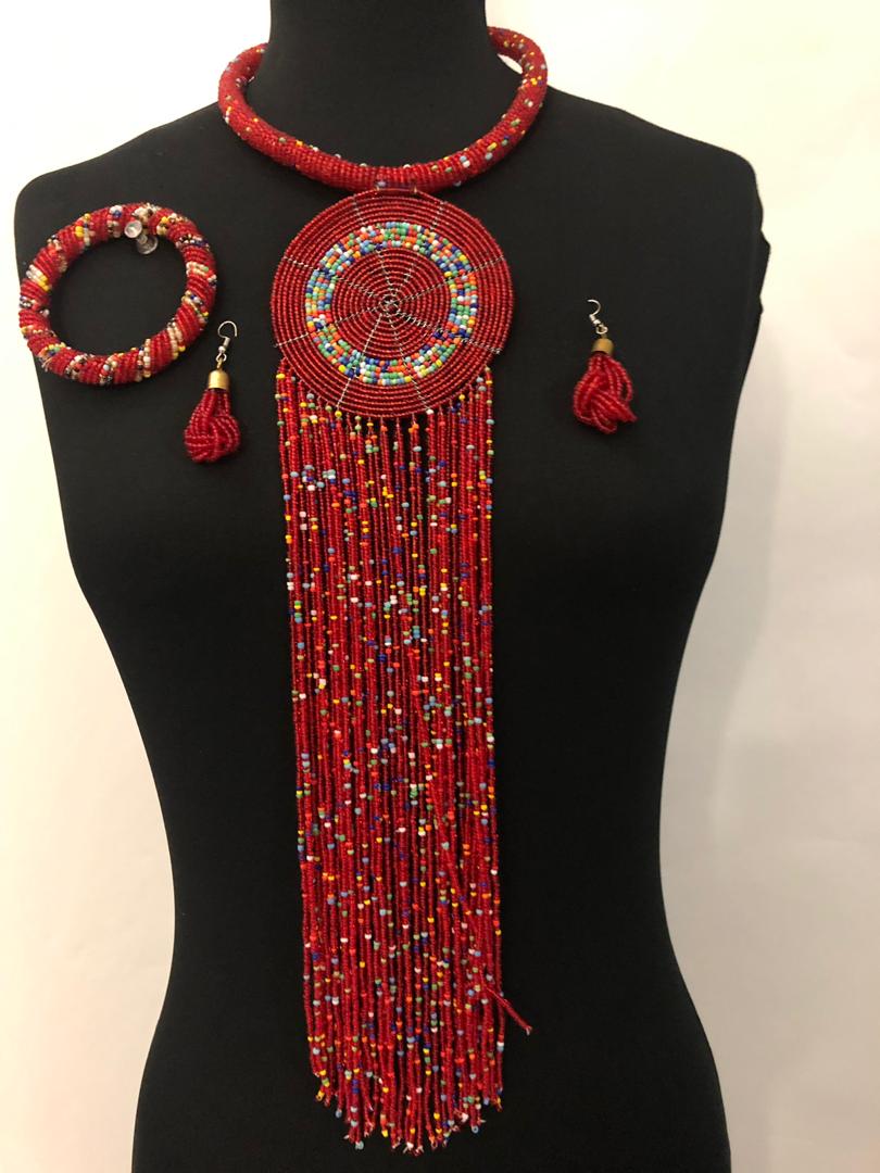 Double Maasai Beaded Necklace And Earrings