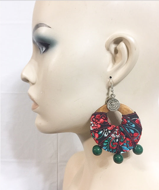 Bead & Fabric  Wood Earrings