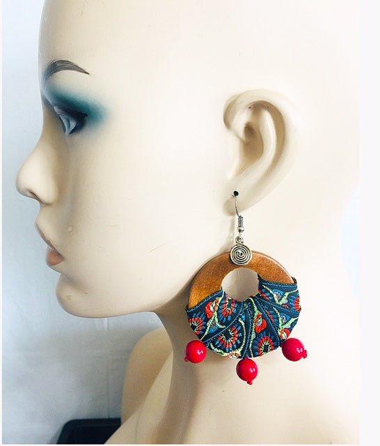 Bead & Fabric  Wood Earrings