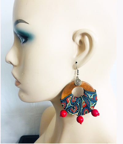 Bead & Fabric  Wood Earrings