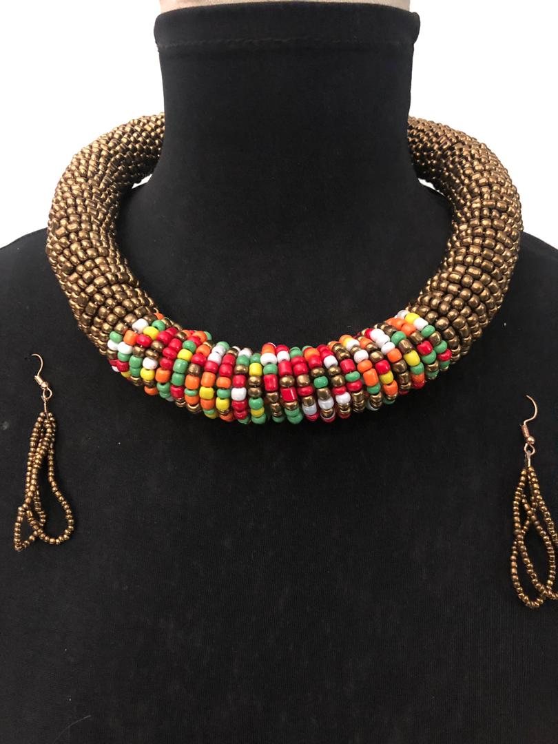 Gold Bead Necklace And Earring Set