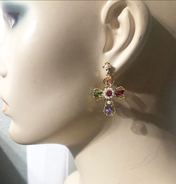 Multi Stone Cross Earring