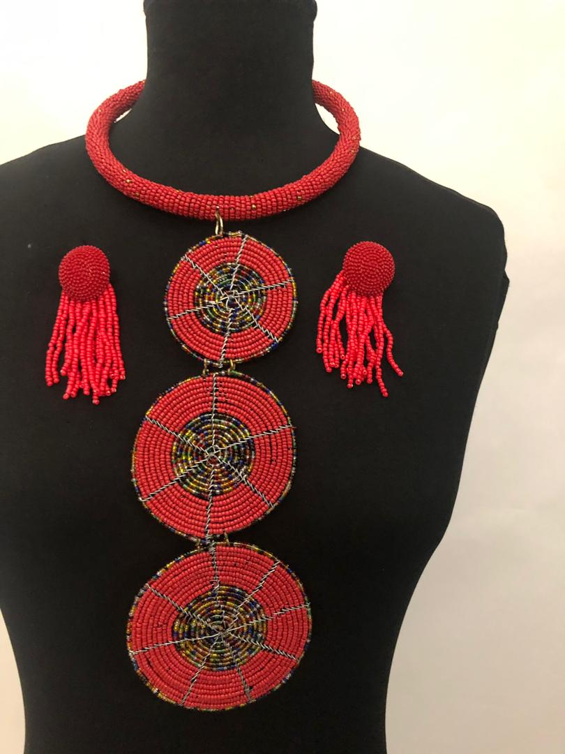 Flat Trio Bead Necklace And Earrings